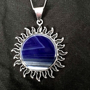 Stirling Silver 925 Natural Stone Blue Agate Sun Sunburst Pendant Necklace
